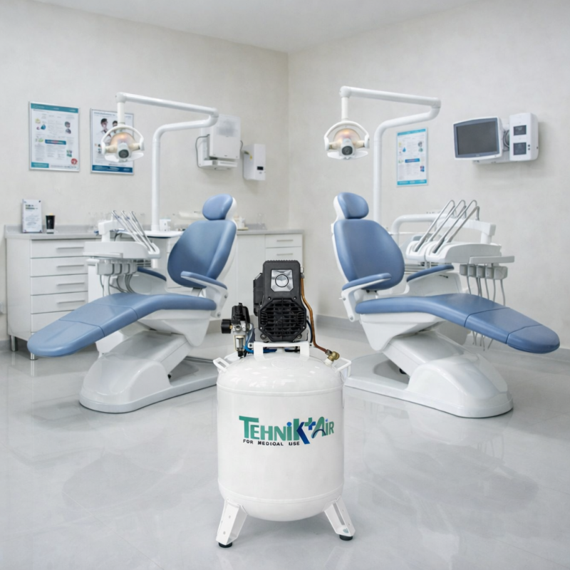 Compresor medical silentios TEHNIK-AIR 50/XS258 | pentru 2-3 scaune dentare, 230 l/min, butelie 50 l, 9 bar