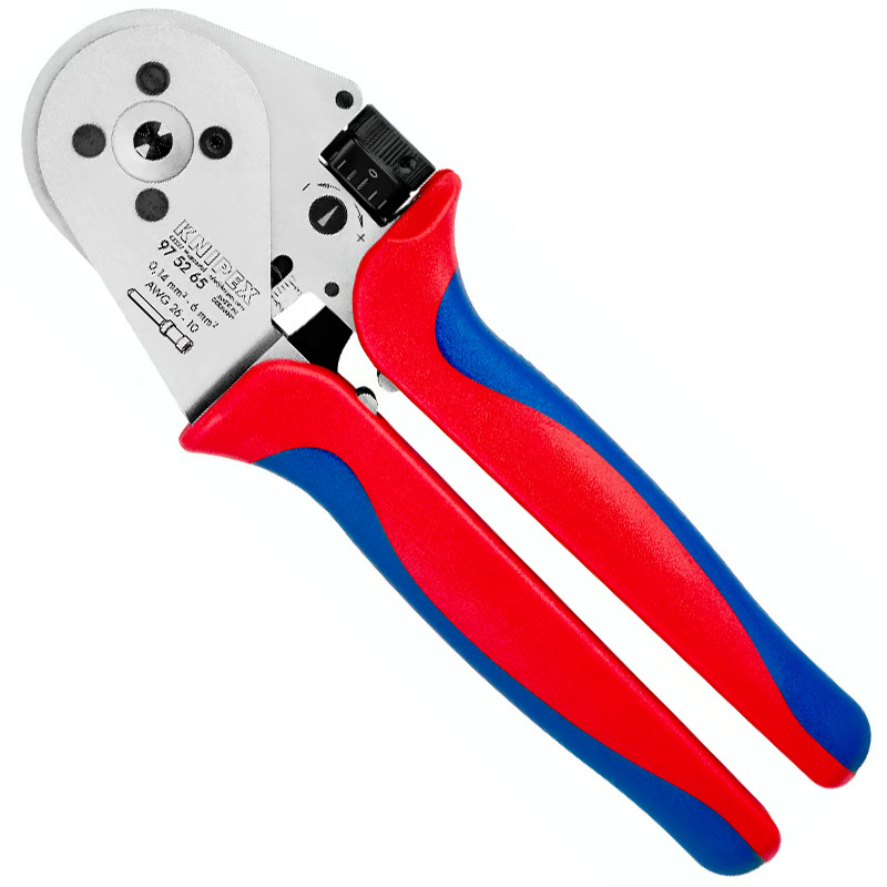 Cleste de presare KNIPEX 230 mm, cu patru dornuri pentru contacte rasucite, cu suport de contact si reglaj mecanic al avansului