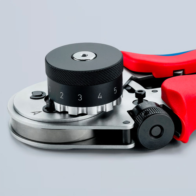 Cleste de presare KNIPEX 230 mm, cu patru dornuri pentru contacte rasucite, cu suport de contact si reglaj mecanic al avansului