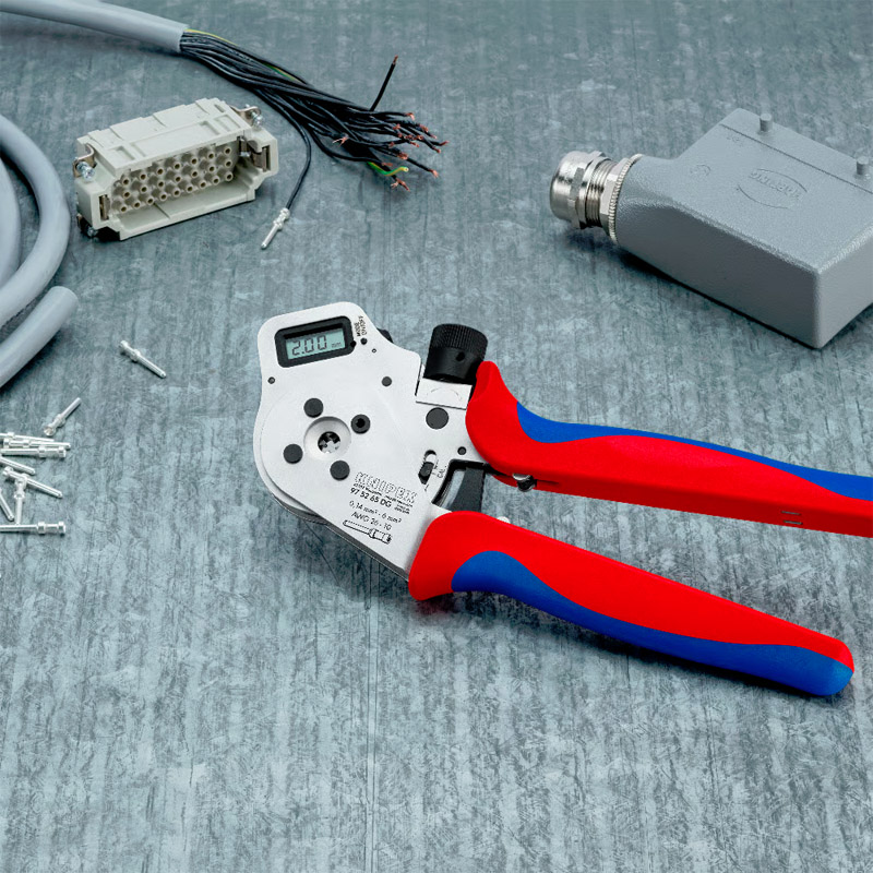 Cleste de presare KNIPEX 240 mm, cu patru dornuri pentru contacte rasucite, fara localizator, cu reglaj digital al avansului