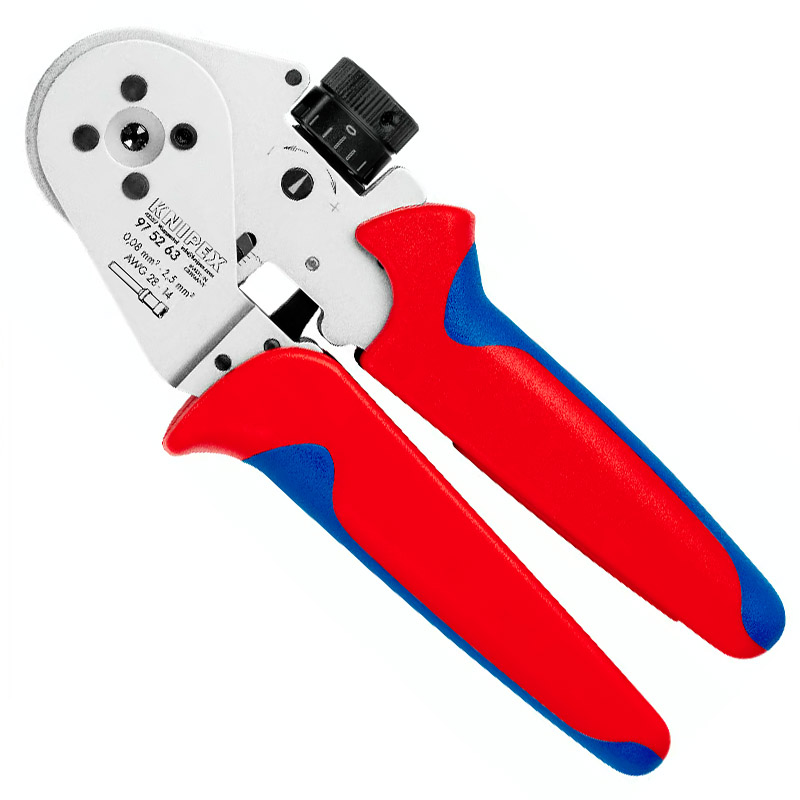 Cleste de presare KNIPEX 175 mm, cu patru dornuri pentru contacte rasucite, cu suport de contact si reglaj mecanic al avansului