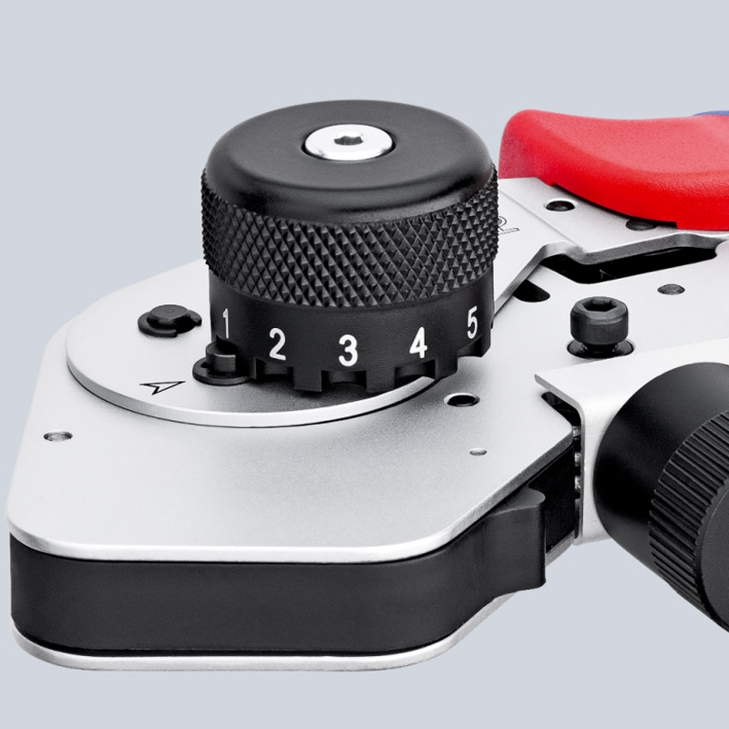 Cleste de presare KNIPEX 175 mm, cu patru dornuri pentru contacte rasucite, cu suport de contact si reglaj mecanic al avansului