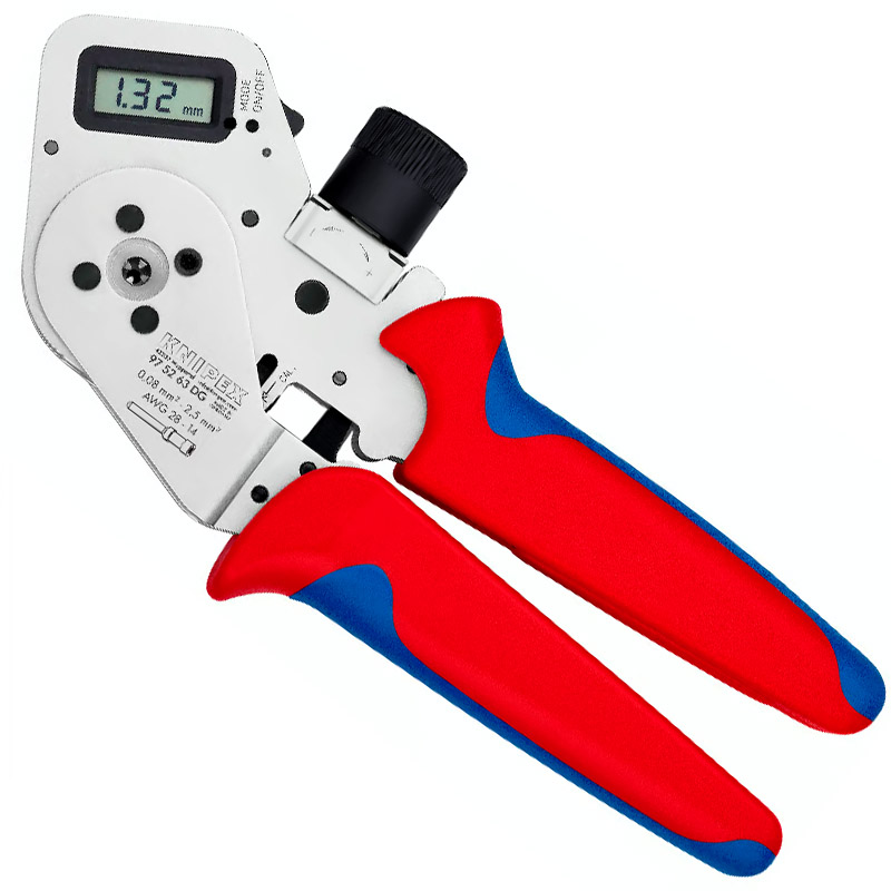 Cleste de presare KNIPEX 195 mm, cu patru dornuri pentru contacte rasucite, cu suport de contact si reglaj digital al avansului