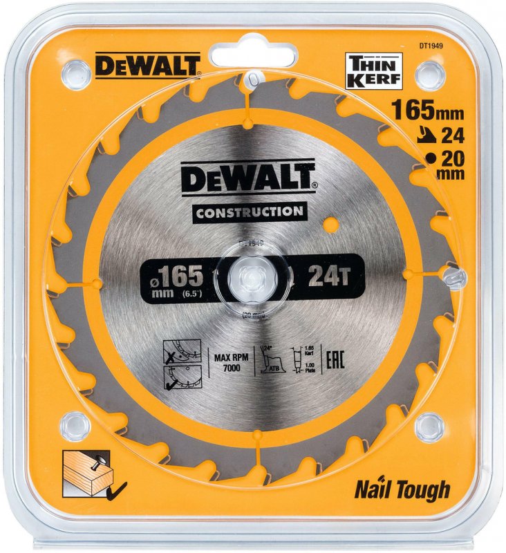 Disc (panza) pentru fierastrau circular, 165x20x1.86 mm, 24 dinti (taiere fina) pentru lemn cu cuie, Dewalt DT1949