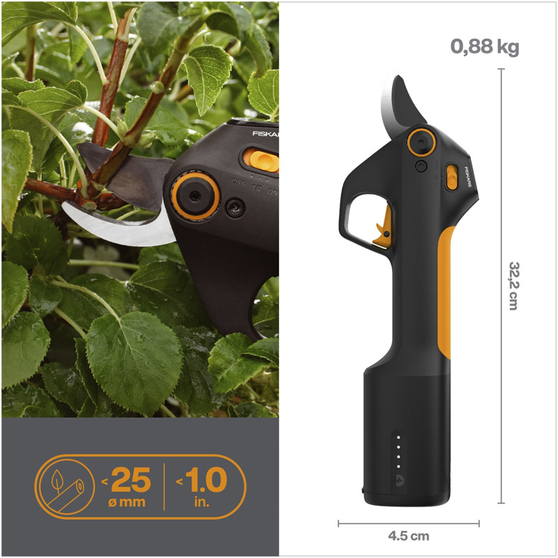 Foarfeca pentru taiat ramuri/crengi cu acumulator integrat Fiskars ePRUNER M, 8V Li-ion, capacitate de taiere 25 mm