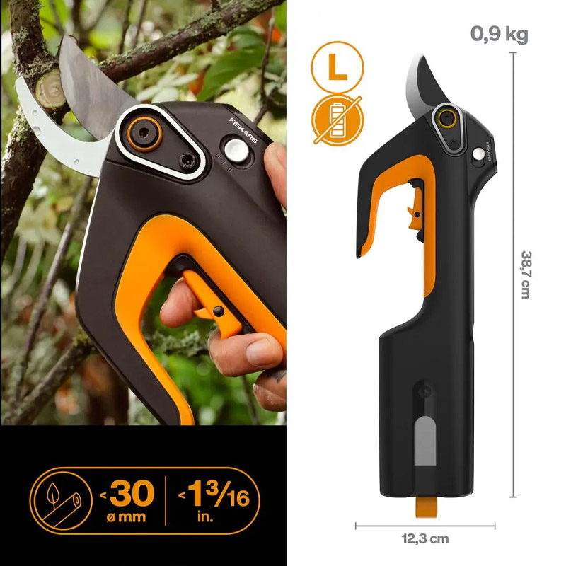 Foarfeca pentru taiat ramuri/crengi cu acumulator integrat Fiskars ePRUNER L, compatibil 12V Li-ion, capacitate de taiere 30 mm