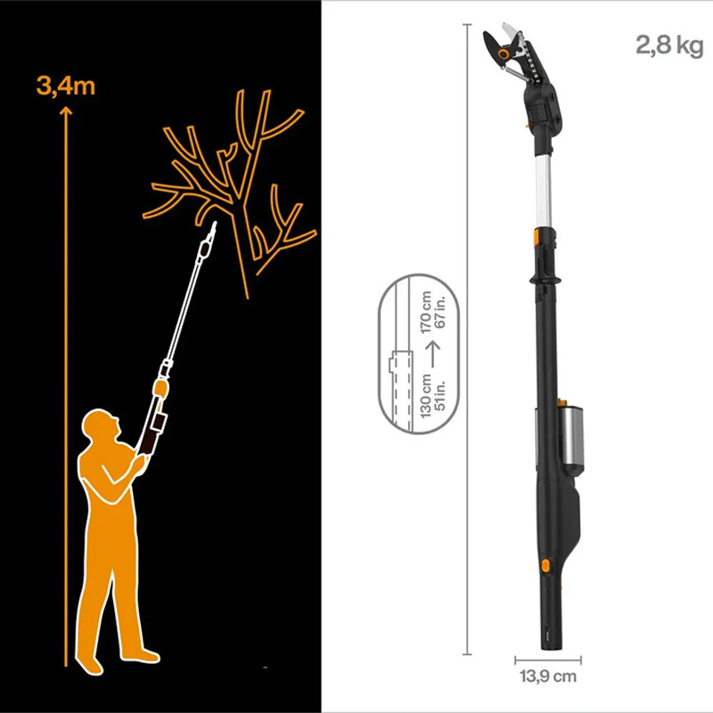 Foarfeca telescopica pentru taiat ramuri/crengi cu acumulator Fiskars eLopper, 2x 12V 4.0 Ah Li-ion, capacitate de taiere 32 mm, 130 - 170 cm, SOLO