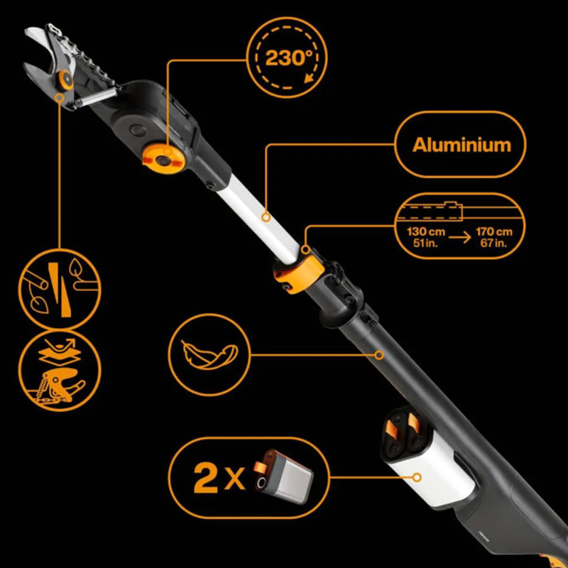 Foarfeca telescopica pentru taiat ramuri/crengi cu acumulator Fiskars eLopper, 2x 12V 4.0 Ah Li-ion, capacitate de taiere 32 mm, 130 - 170 cm, SOLO