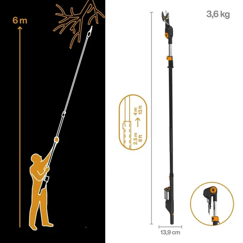 Foarfeca telescopica pentru taiat ramuri/crengi cu acumulator Fiskars eTREE PRUNER, 2x 12V 4.0 Ah Li-ion, capacitate de taiere 32 mm, 250 - 400 cm, SOLO