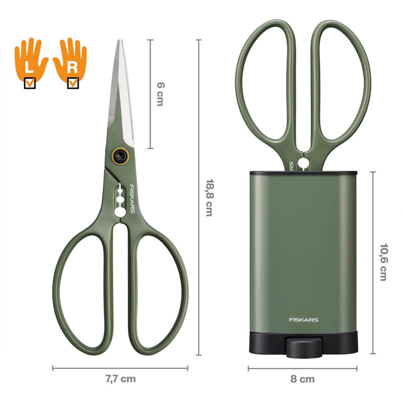Foarfeca de precizie Fiskars Plant Care, pentru taieturi netede pe plante de apartament si flori, cu suport, 18.8 cm