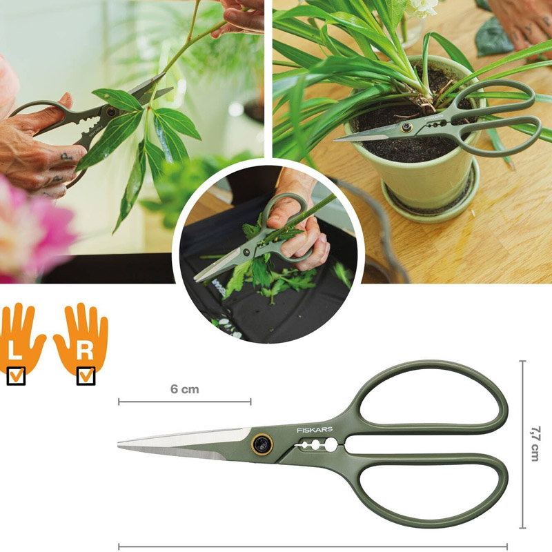 Foarfeca de precizie Fiskars Plant Care, pentru taieturi netede pe plante de apartament si flori, cu suport, 18.8 cm