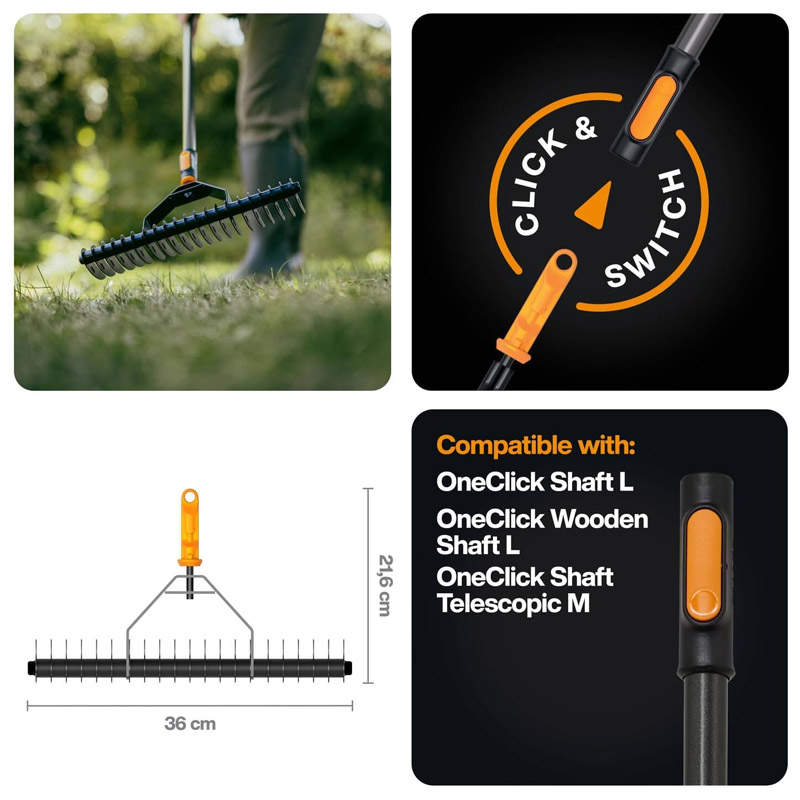 Grebla pentru aerat gazon Fiskars OneClick 36 cm, marime 