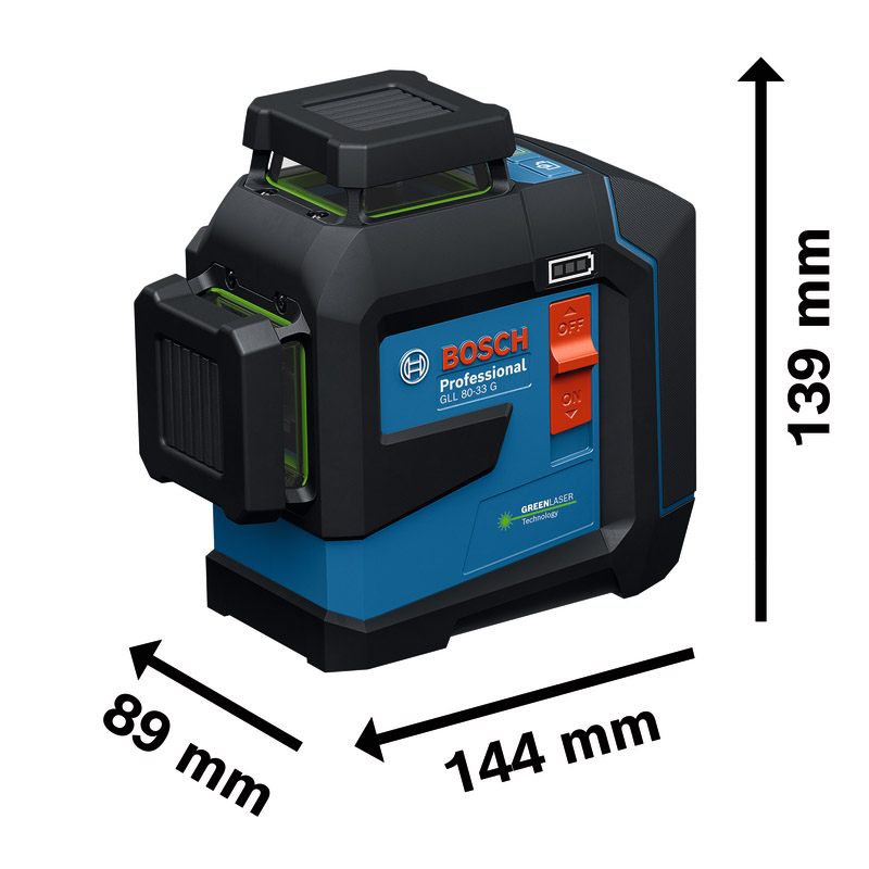 Nivela laser cu 3 linii BOSCH GLL 80-33 G, acumulator BA 3.7V, 3.0Ah, verde