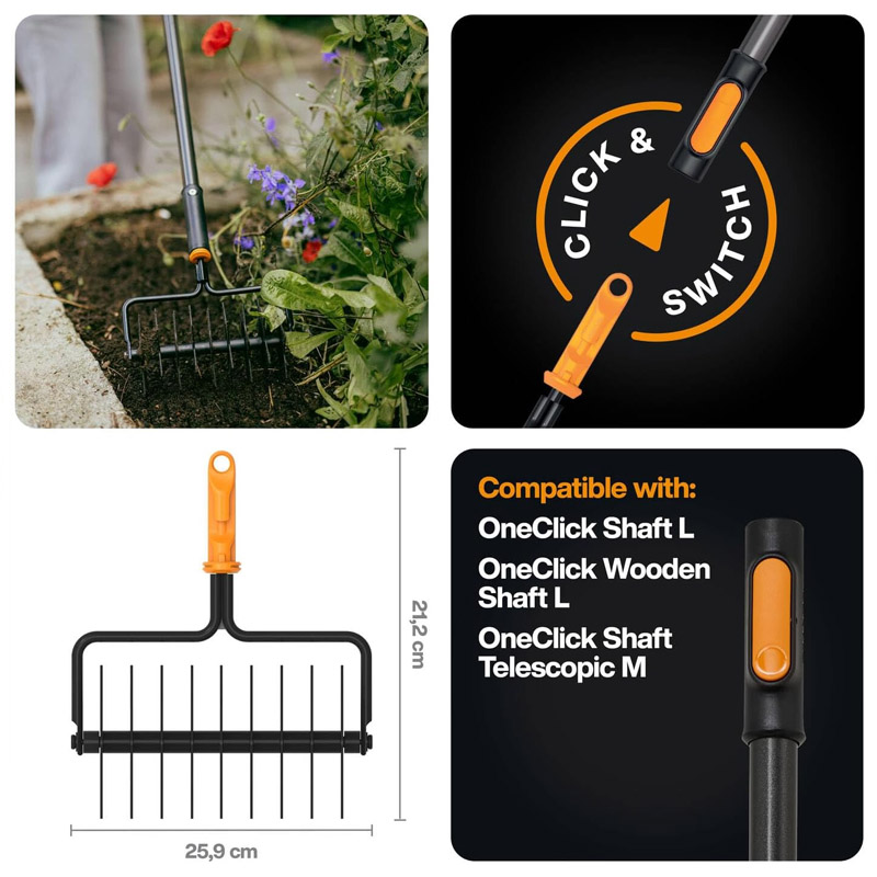 Aerator rotativ pentru afanatul solului Fiskars OneClick, cu cap rotativ si discuri stelate, fara coada, 25.9 cm