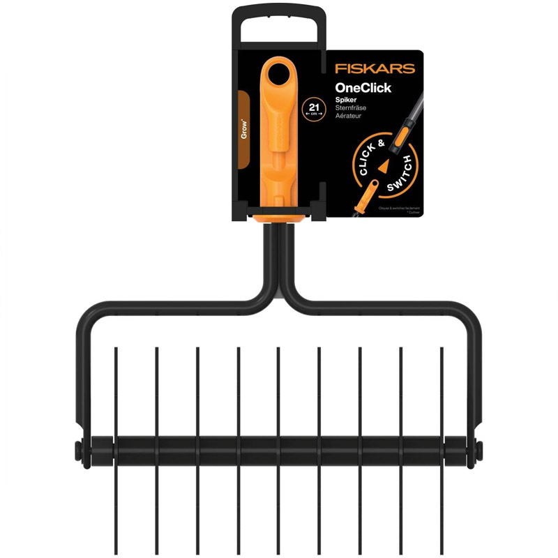 Aerator rotativ pentru afanatul solului Fiskars OneClick, cu cap rotativ si discuri stelate, fara coada, 25.9 cm