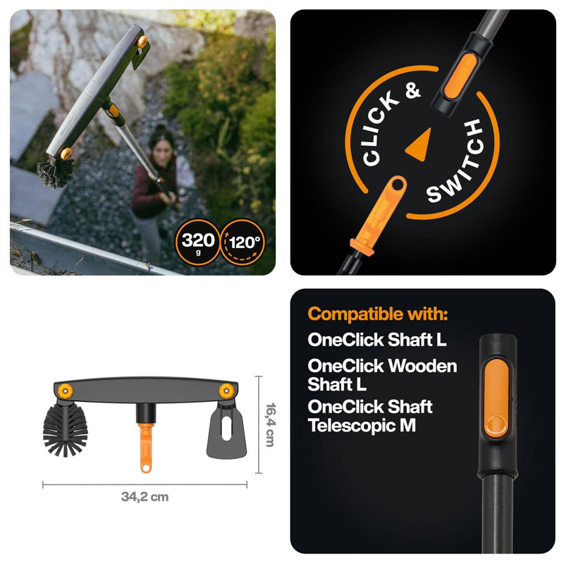 Curatitor pentru jgheaburi cu racleta si perie rotunjita Fiskars OneClick, fara coada, 342 x 164 mm