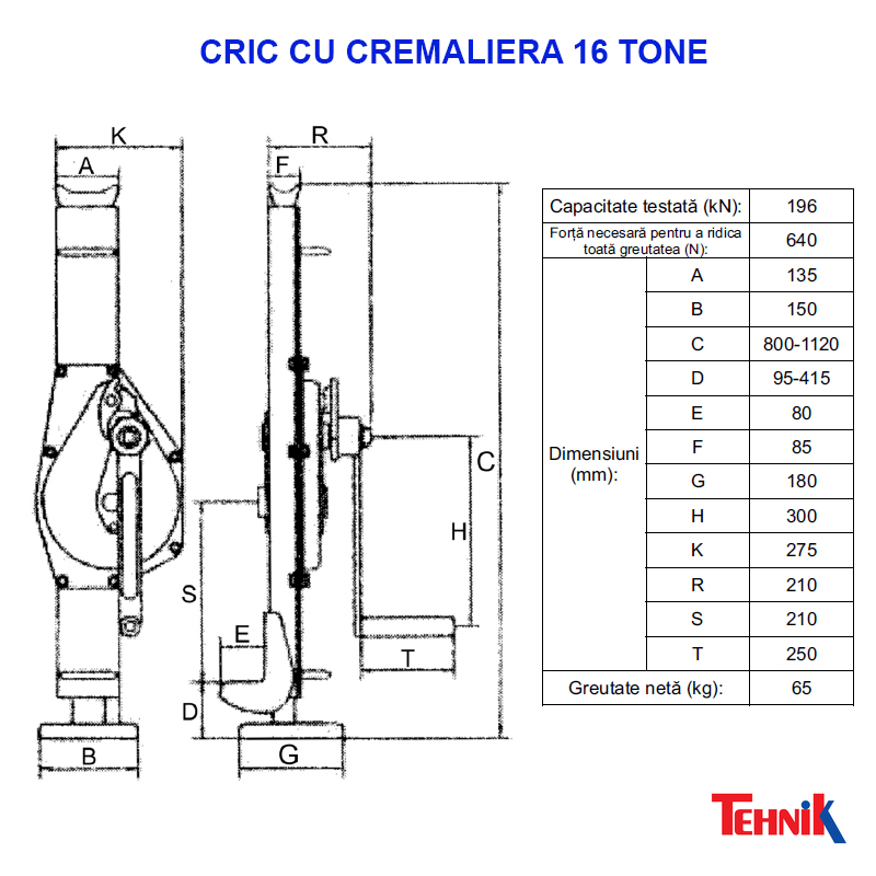 Cric cu cremaliera (vinci), 16 t