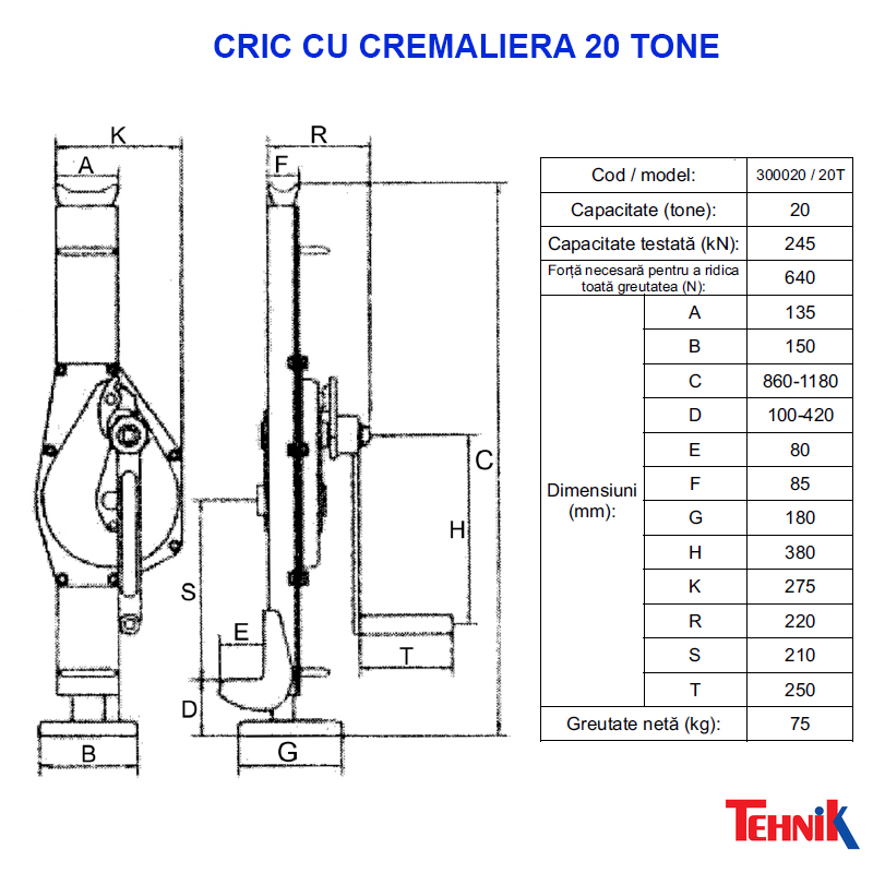 Cric cu cremaliera (vinci), 20 t