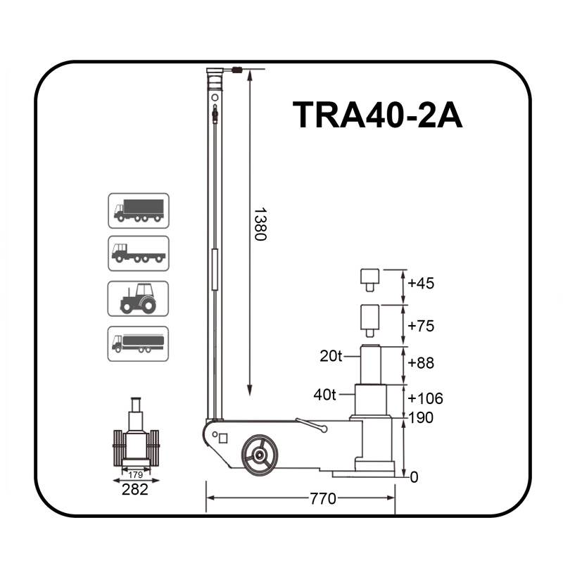 Cric hidro - pneumatic 40 /20 T 190-286 mm / 190-384 mm cu extensii 75+45 mm, BigRed model TRA40-2A