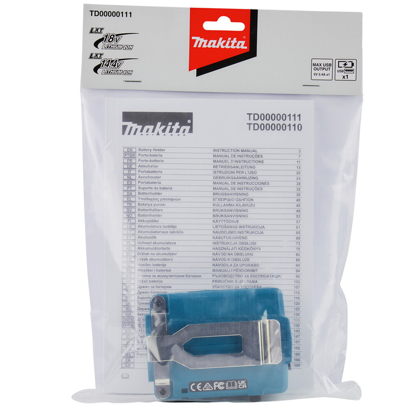 Suport acumulator Makita LXT, 14,4–18V, USB-A