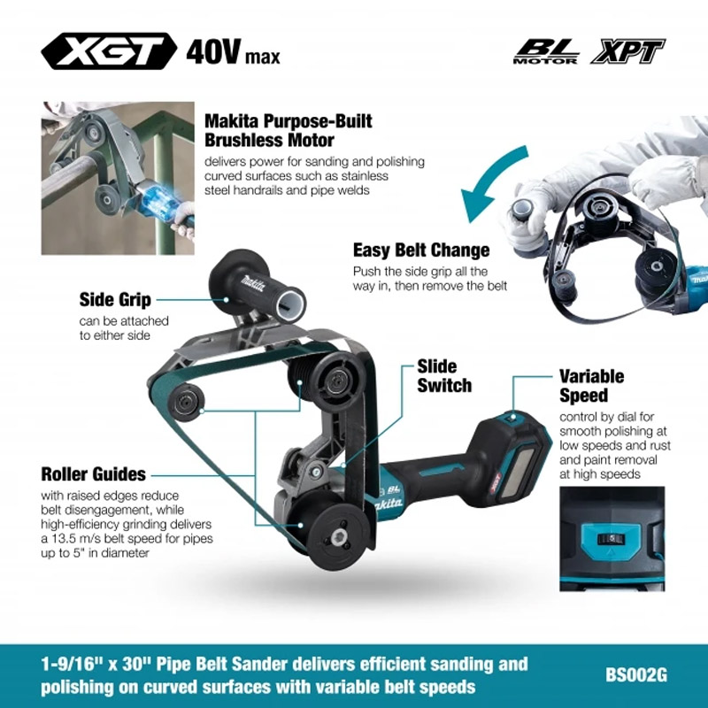 Slefuitor cu acumulatori platforma 40 V Li-Ion XGT, pentru bare/tevi max. Ø125 mm, banda 40 x 760 mm, SOLO, Makita model BS002GZ