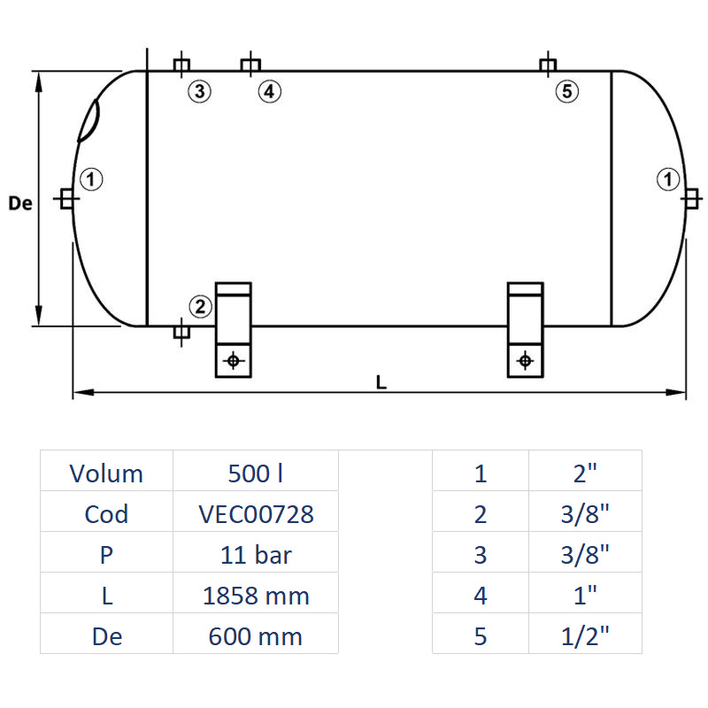 Rezervor de aer 500 l, orizontal, 11bar, vopsit, Made in Italy 