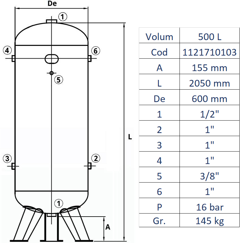 Rezervor de aer 500 l, vertical, 16bar, vopsit, FIAC, Made in Italy