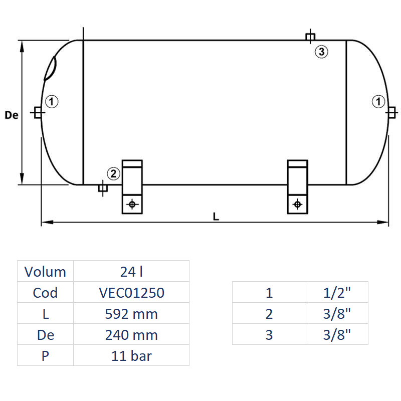 Rezervor de aer 24 l, orizontal, 11bar, vopsit, Made in Italy