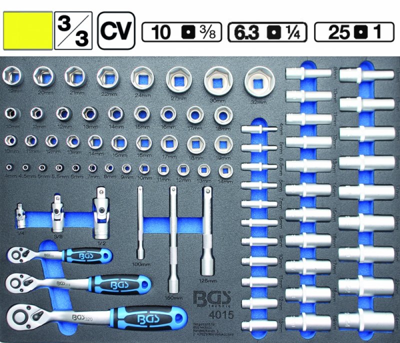 Organizator pentru carucior cu 80 chei cu clichet, tubulare, adaptoare, 3/3 sertar