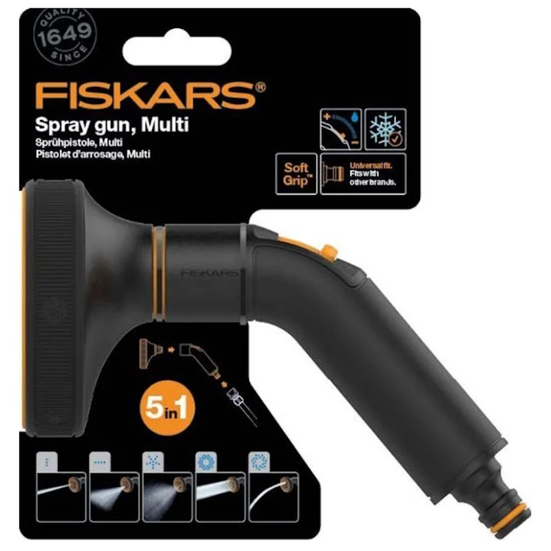 Pistol pentru stropit Fiskars Multi cu 3 jeturi si pulverizare fina