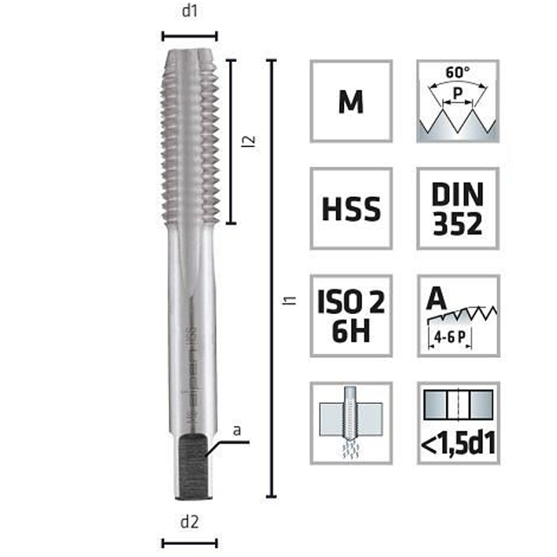 Tarod cu o trecere, scurt, pentru filet metric M12, pas 1.75 mm