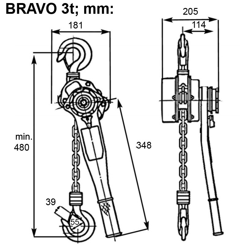 Palan cu lant si levier profesional Tractel BRAVO 3t, 1.5 m