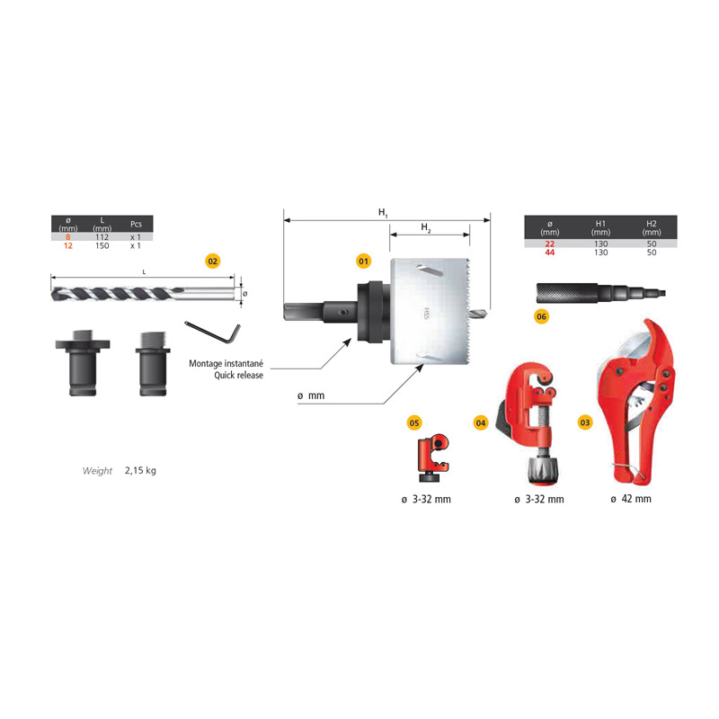 Set accesorii instalatori, 12 accesorii, cleste, carota, taietor tevi, burghie