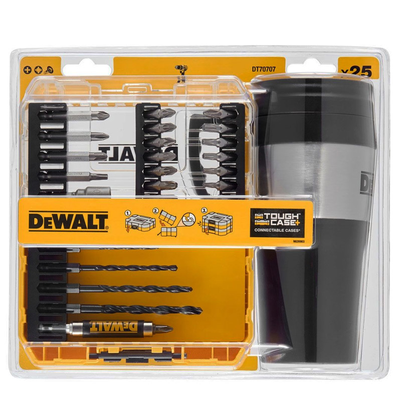 Set 25 accesorii pentru insurubare si gaurire + cana DeWalt, tip DT70707-QZ