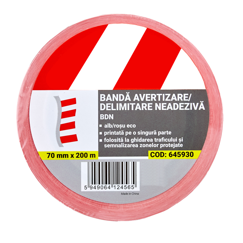 Banda avertizare alb-rosu Eco, neadeziva, 7cm x 200m, 0.03mm