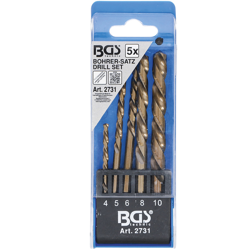 Set 5 burghie pentru metal, HSS Cobalt, cu tais pe stanga, 4 - 10 mm, BGS