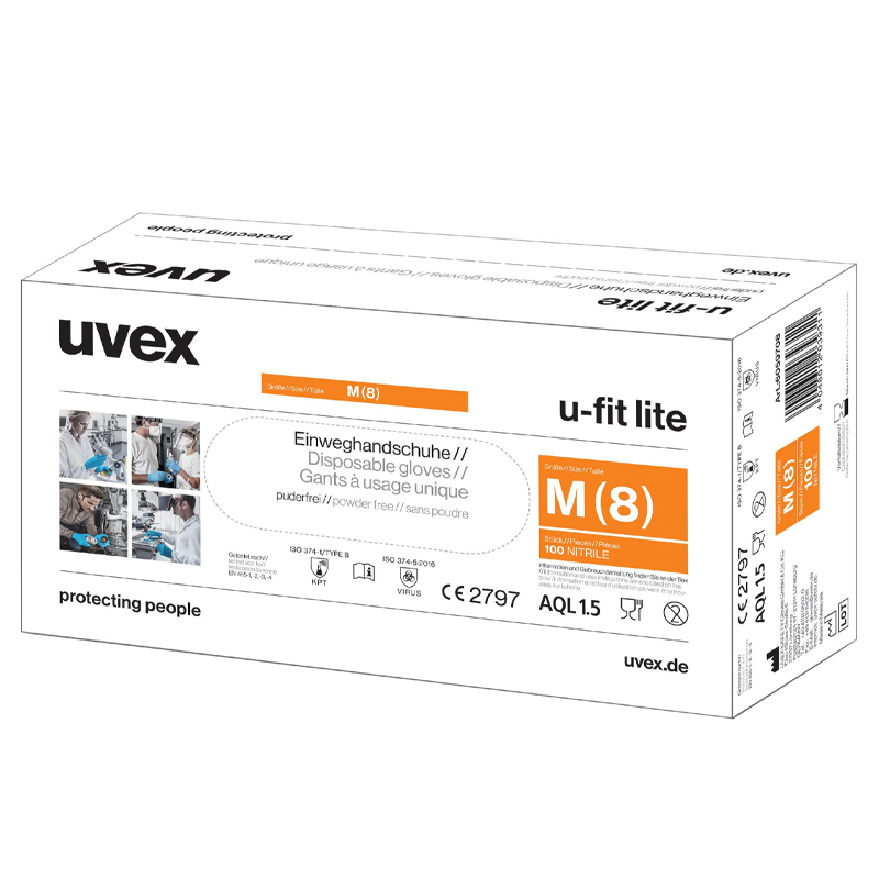 Manusi de protectie impotriva substantelor chimice, de unica folosinta, Uvex U-Fit Lite, marime M/8, cutie 100 bucati
