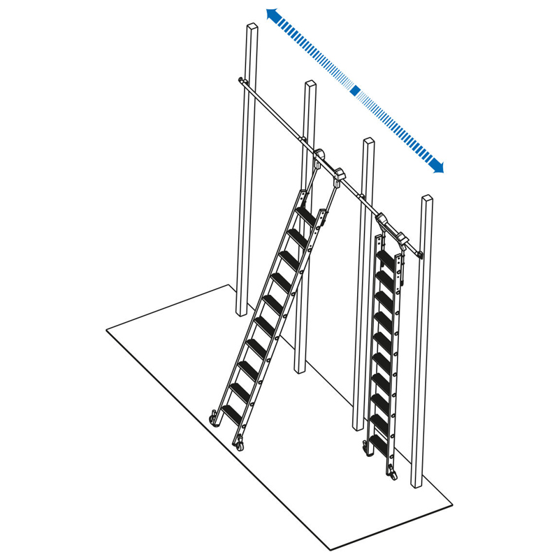 Scara pentru rafturi cu mecanism de rulare superior pentru sina din teava tubulara, 7 trepte, inaltime maxima de lucru 2.9m