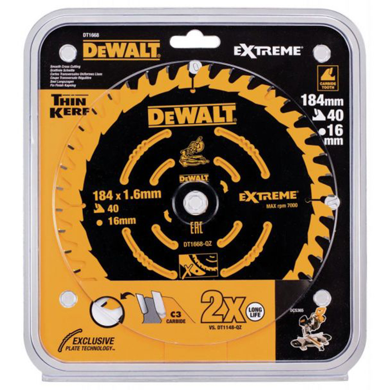 Disc (panza) pentru ferastrau circular, 184x16x1.6 mm, 40 dinti, pentru lemn, Dewalt, tip Extreme DT1668-QZ