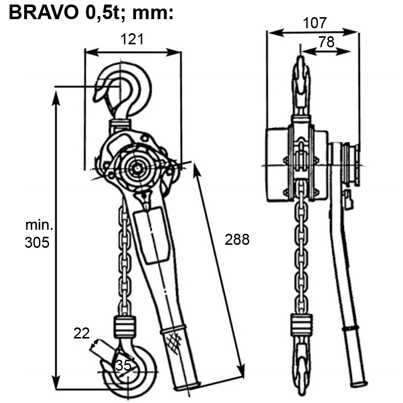 Palan cu lant si levier profesional Tractel BRAVO 0.5t, 1.5 m