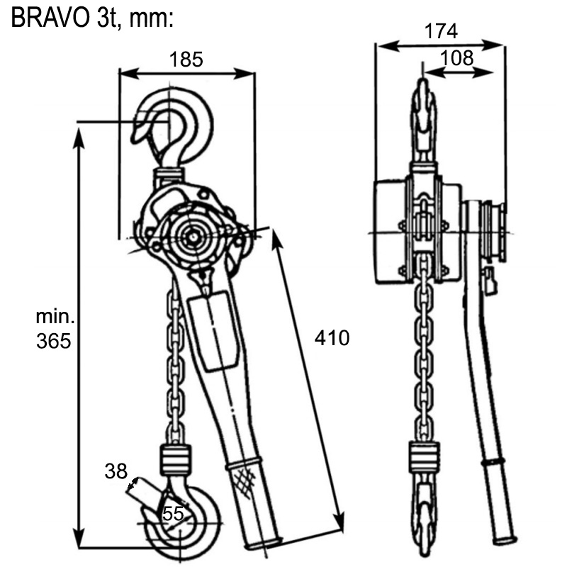 Palan cu lant si levier profesional Tractel BRAVO 0.75t, 1.5 m