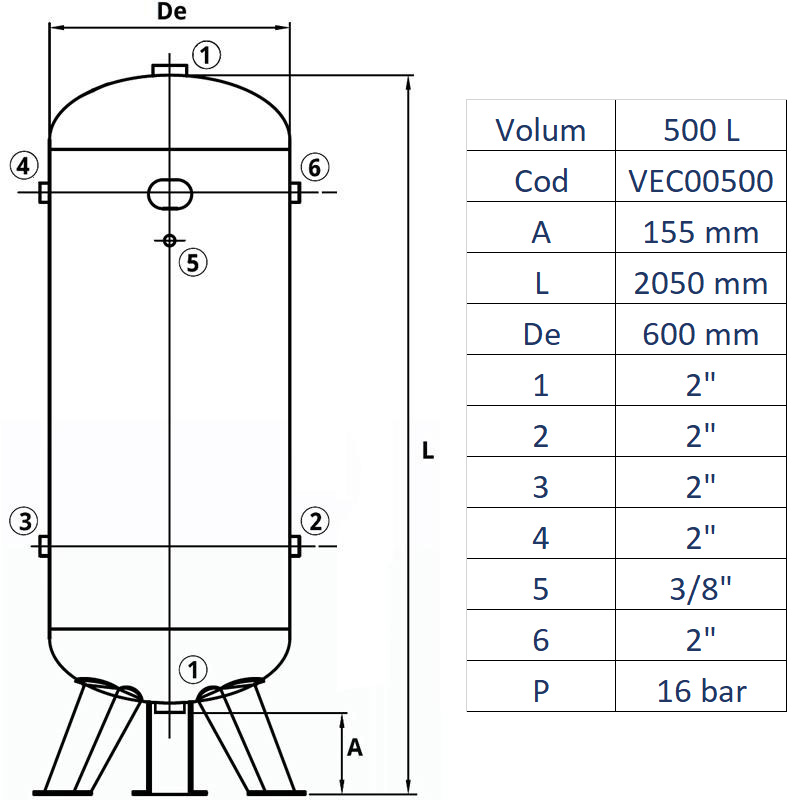 Rezervor de aer 500 l, vertical, 16bar, zincat, Made in Italy
