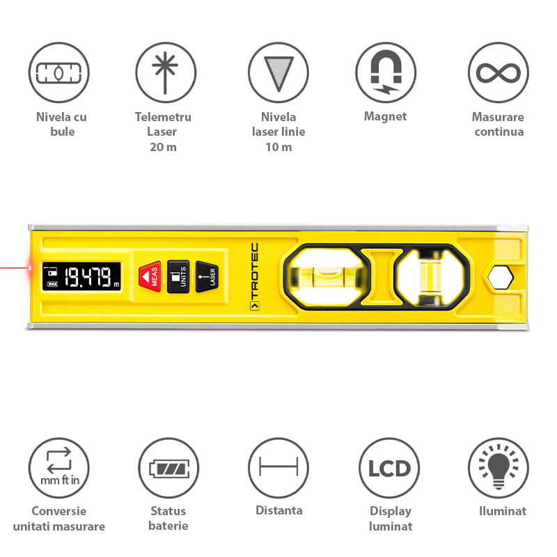 Aparat de masurat 3-in-1, nivela cu 2 bule, nivela laser, telemetru, tip BD1L, Trotec