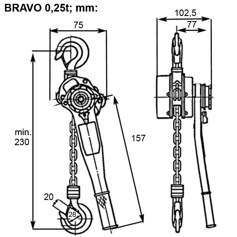 Palan cu lant si levier profesional Tractel BRAVO 0.25t, 3 m