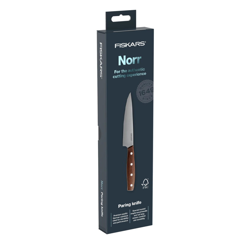 Cutit pentru legume, Fiskars, Norr, lama inoxidabila, maner lemn Kebony, 12.4 cm