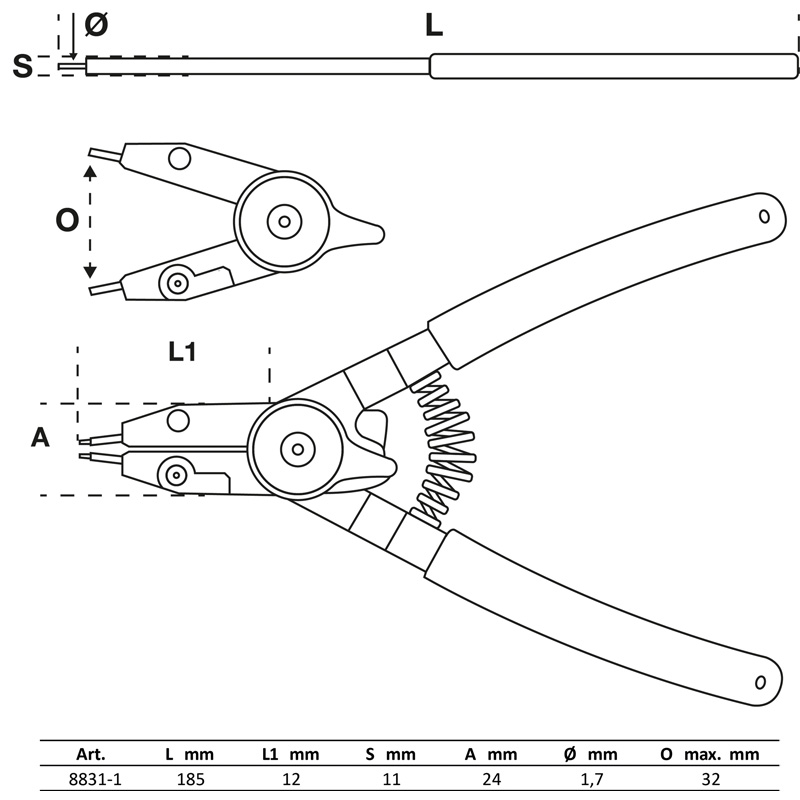 Cleste pentru inele de sigurante interioare/exterioare, 4 tipuri varfuri interschimbabile, 180 mm