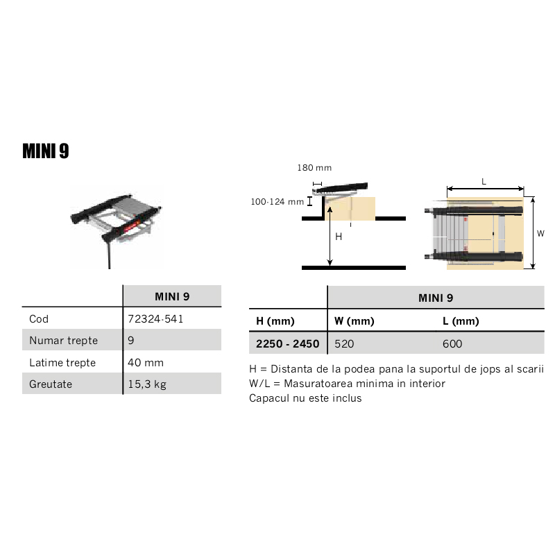 Scara telescopica pentru pod / mansarda, Telesteps, 9 trepte 40mm, inaltime pod 2.25 - 2.45m, tip LOFT-MINI