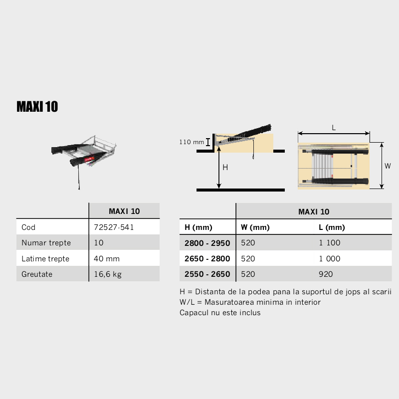 Scara telescopica pentru pod / mansarda, Telesteps, 10 trepte 40mm, inaltime pod 2.55 - 2.95m, tip LOFT-MAXI