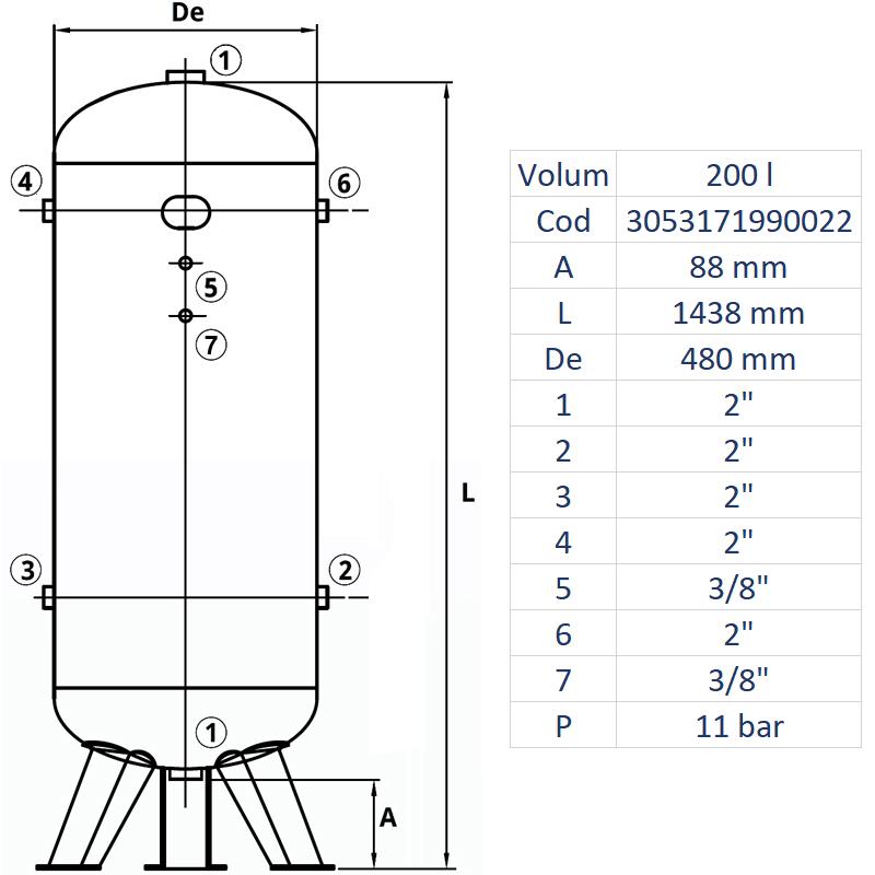 Rezervor de aer 200 l, vertical, 11bar, zincat, Made in Italy