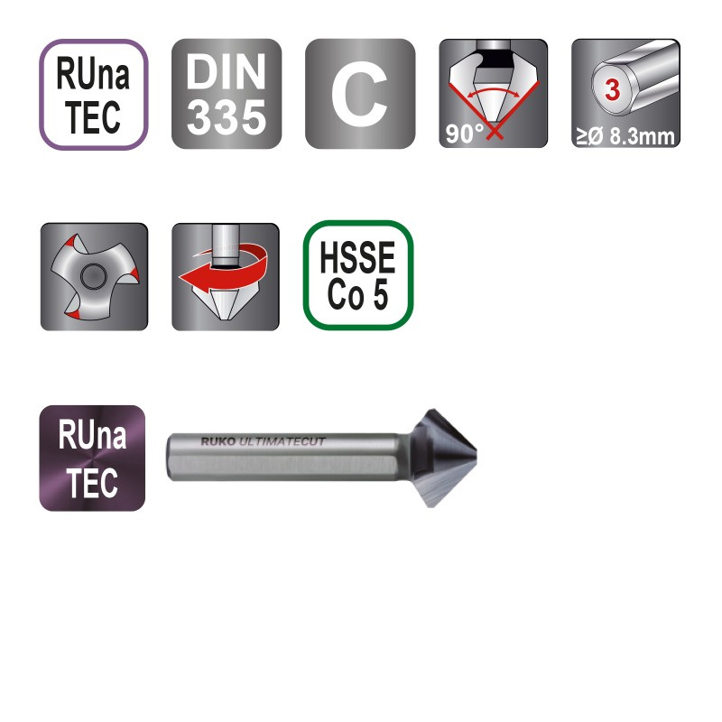 Tesitor (zencuitor) pentru metale, 12.4 mm, 90⁰ HSSE-Cobalt 5, RUKO ULTIMATECUT RUnaTEC